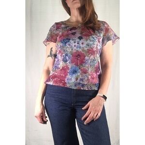 90’s Vintage ‘R&K’ Multicolor Floral Chiffon Crinkle Bias Cut Top